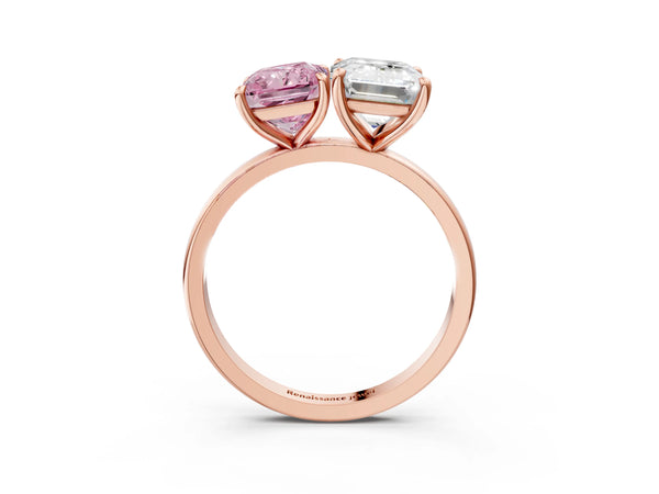 Rose gold Fancy Pink Radiant  and Emerald Cut Toi Moi Ring with Prong Setting