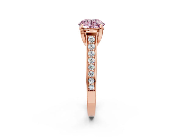 Rose gold Fancy Pink Round  Brilliant Cut Diamond Engagement Ring with Pavé Band and Four-Prong Setting