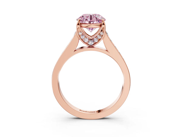 Rose gold Fancy Pink Round  Brilliant Cut Diamond Engagement Ring with Pavé Band and Four-Prong Setting