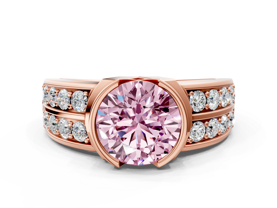 Rose gold Fancy Pink Round  Brilliant Diamond Channel Set Wide Band Ring with Bezel Setting