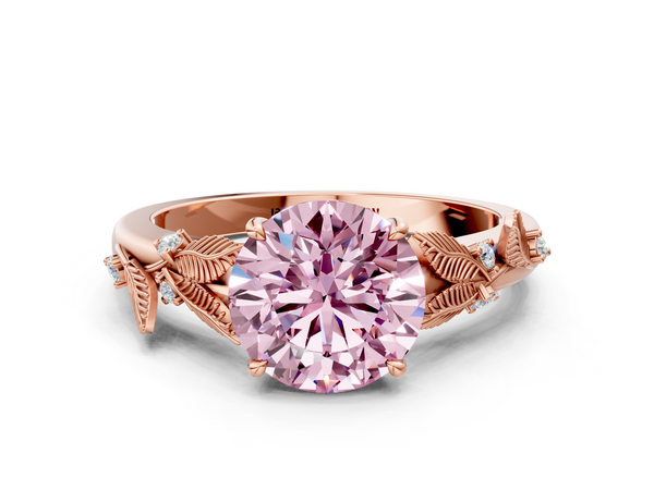 Rose gold Fancy Pink Round Cut Diamond Solitaire Ring with Leaf Motif Band and Four-Prong Setting