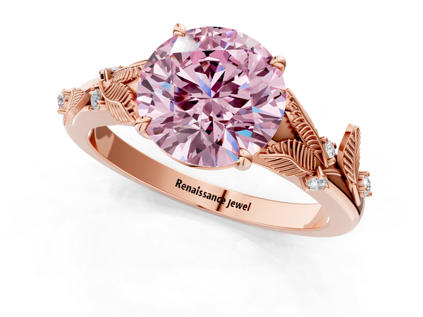 Rose gold Fancy Pink Round Cut Diamond Solitaire Ring with Leaf Motif Band and Four-Prong Setting