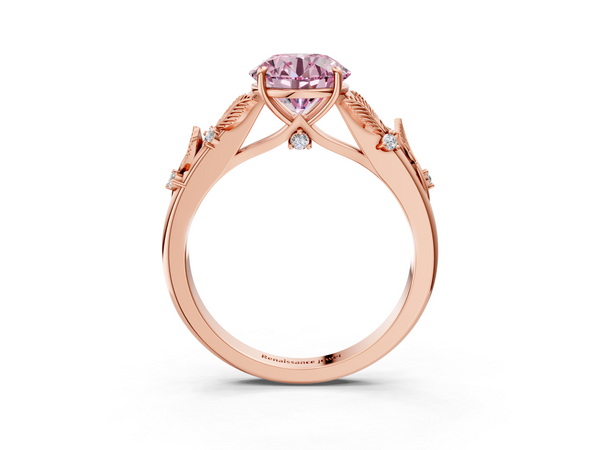 Rose gold Fancy Pink Round Cut Diamond Solitaire Ring with Leaf Motif Band and Four-Prong Setting
