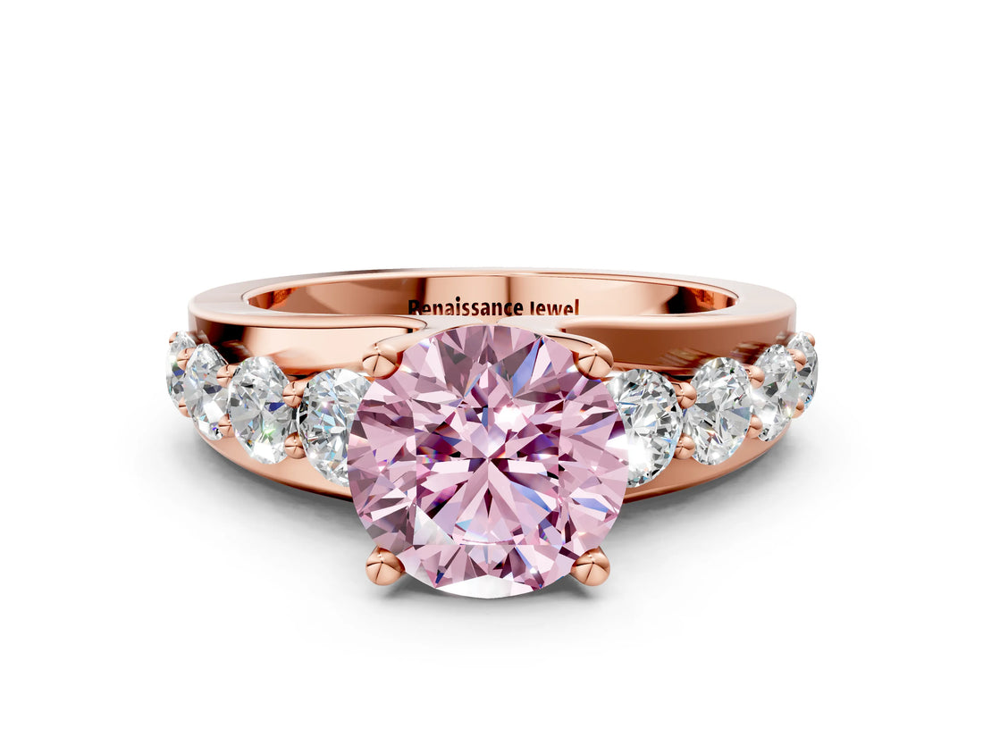 Rose gold Fancy Pink Round  Brilliant Solitaire with Side Stones on a Pave Band and Four-Prong Setting_12