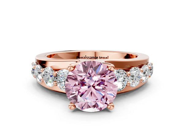 Rose gold Fancy Pink Round  Brilliant Solitaire with Side Stones on a Pave Band and Four-Prong Setting