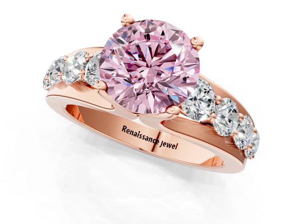 Rose gold Fancy Pink Round  Brilliant Solitaire with Side Stones on a Pave Band and Four-Prong Setting