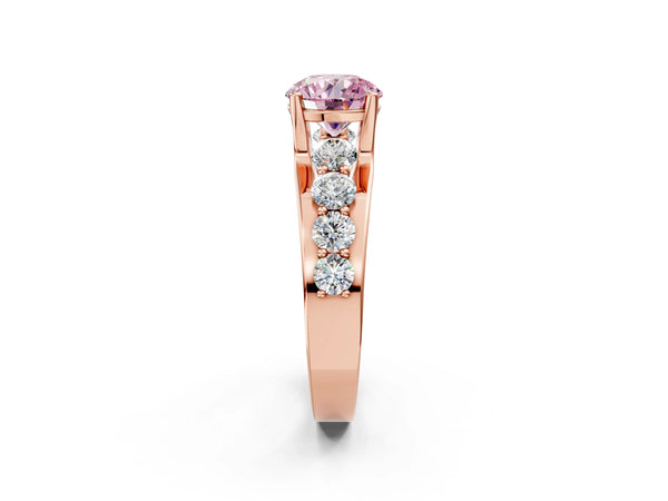 Rose gold Fancy Pink Round  Brilliant Solitaire with Side Stones on a Pave Band and Four-Prong Setting