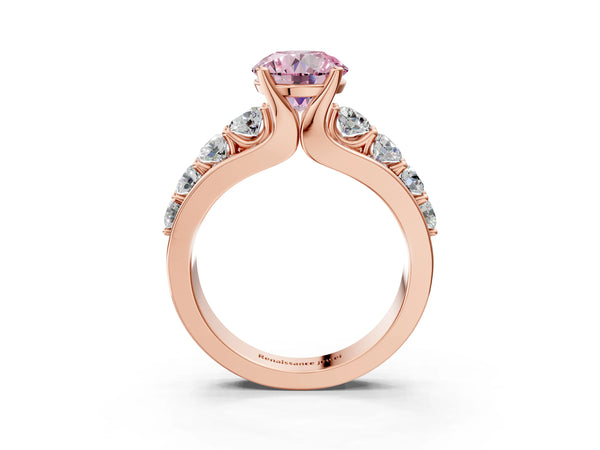Rose gold Fancy Pink Round  Brilliant Solitaire with Side Stones on a Pave Band and Four-Prong Setting