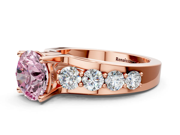 Rose gold Fancy Pink Round  Brilliant Solitaire with Side Stones on a Pave Band and Four-Prong Setting