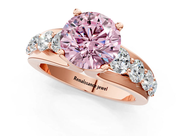 Rose gold Fancy Pink Round  Brilliant Solitaire with Side Stones on a Pave Band and Four-Prong Setting