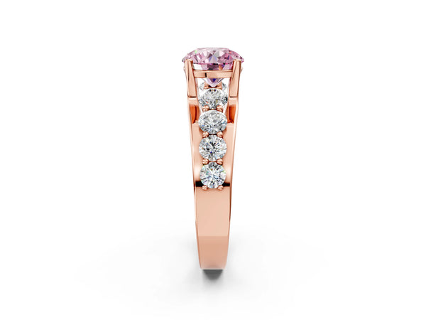 Rose gold Fancy Pink Round  Brilliant Solitaire with Side Stones on a Pave Band and Four-Prong Setting