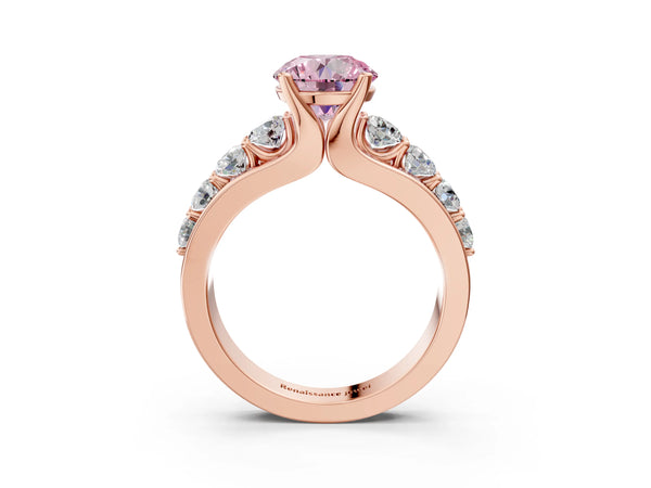 Rose gold Fancy Pink Round  Brilliant Solitaire with Side Stones on a Pave Band and Four-Prong Setting
