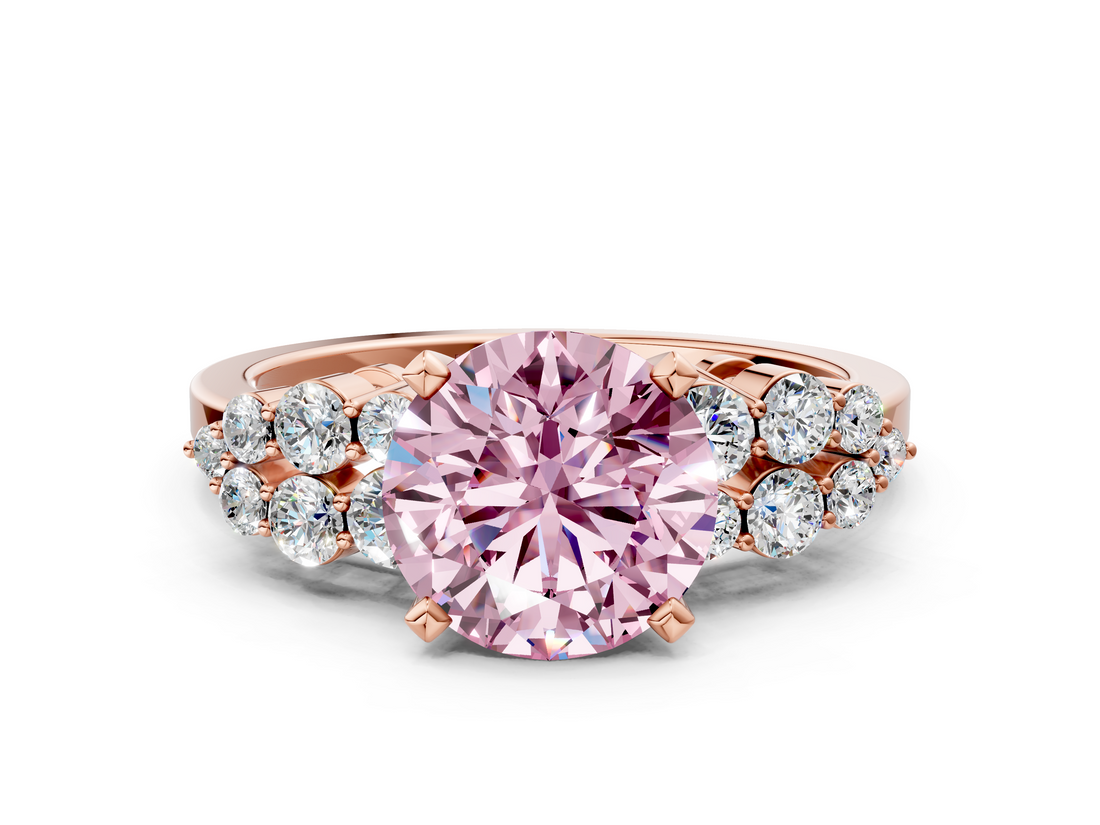 Rose gold Fancy Pink Round  Cluster Diamond Engagement Ring with Pavé Band and Four-Prong Setting