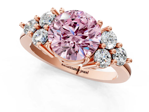 Rose gold Fancy Pink Round Cut Brilliant Diamond Cluster Accent Solitaire Ring with Prong Setting_1