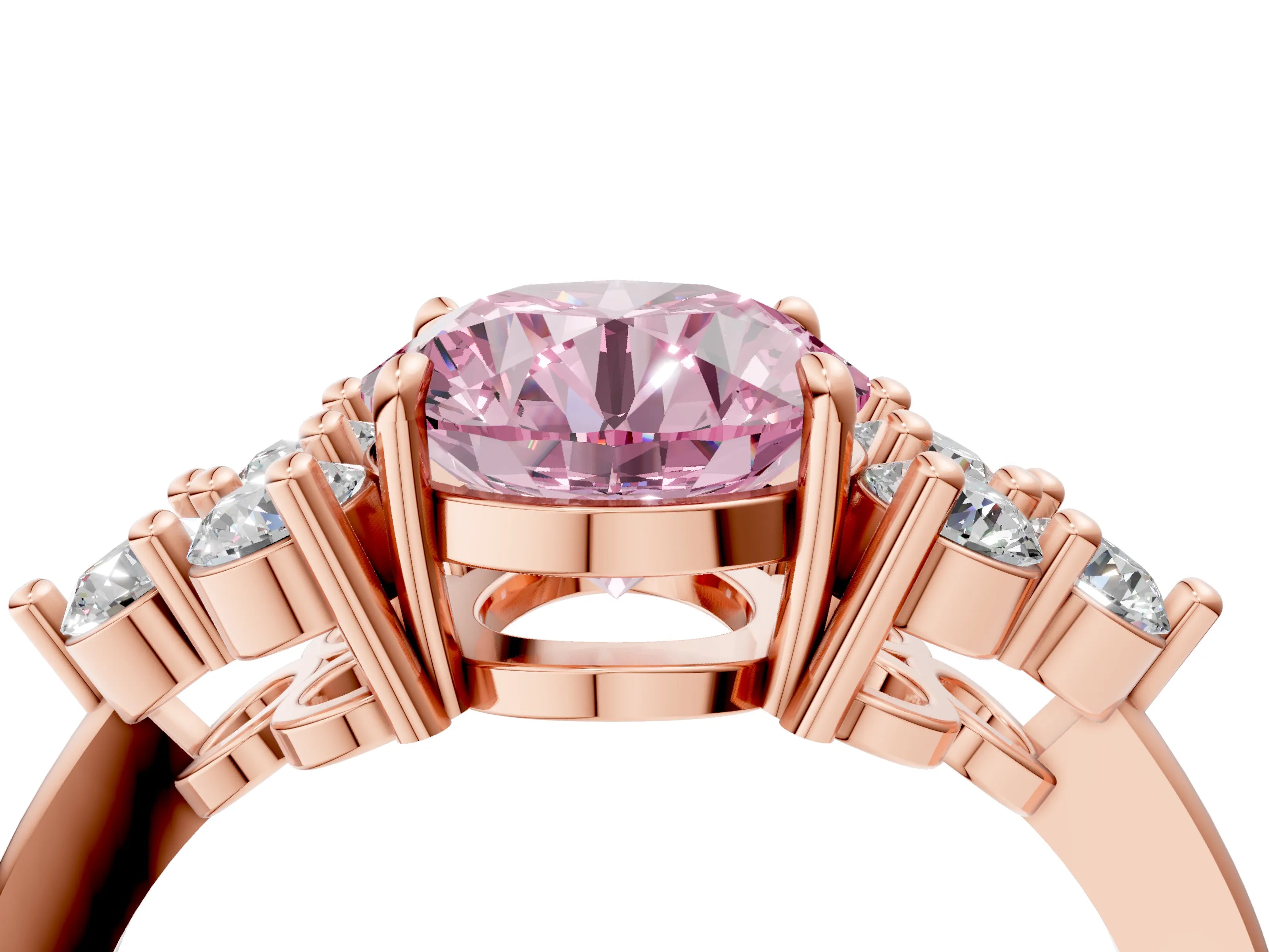 Rose gold Fancy Pink Round Cut Brilliant Diamond Cluster Accent Solitaire Ring with Prong Setting_4