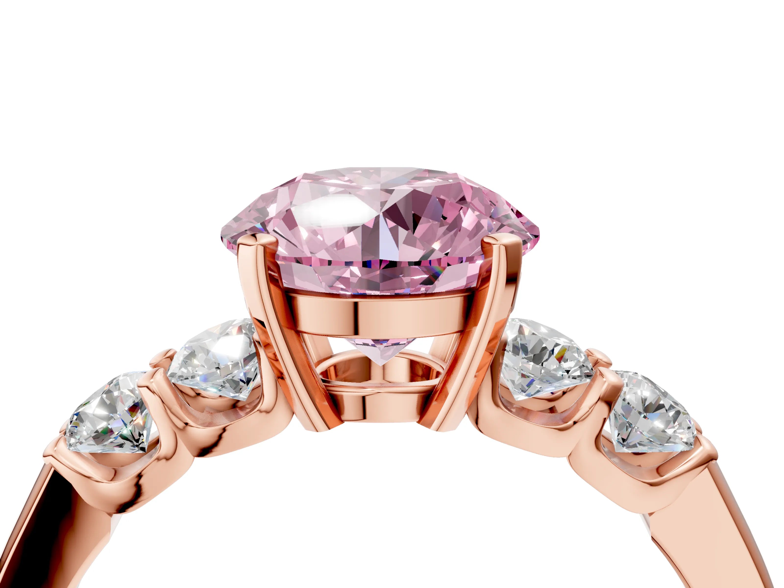 Rose gold Fancy Pink Round Cut Brilliant Diamond Five-Stone Engagement Ring with Prong Setting on a Classic Band_7