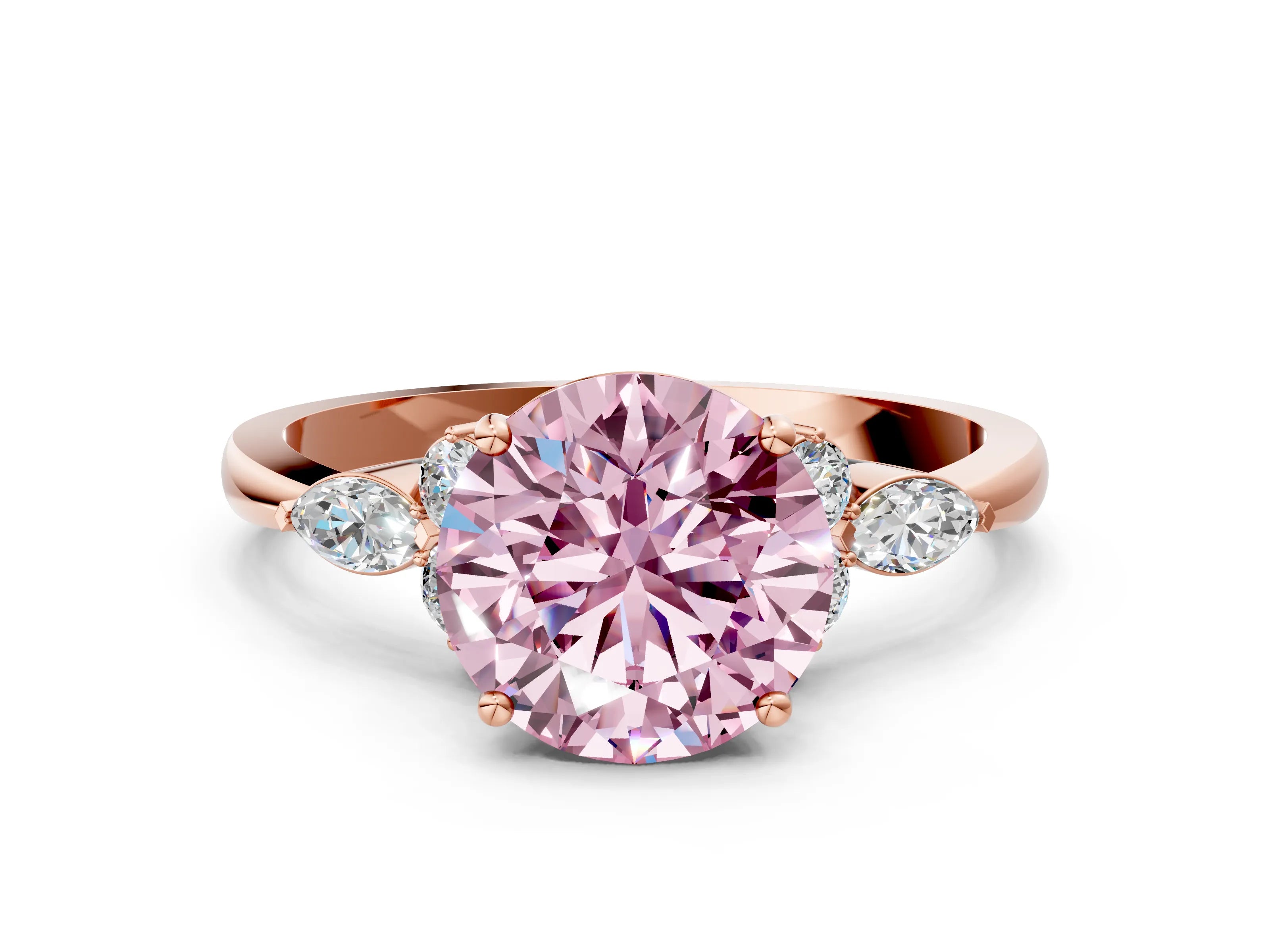 Rose gold Fancy Pink Round Cut Brilliant Diamond Solitaire Ring with Pear Side Stones and Four-Prong Setting_3