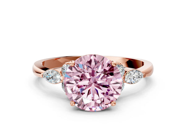 Rose gold Fancy Pink Round Cut Brilliant Diamond Solitaire Ring with Pear Side Stones and Four-Prong Setting