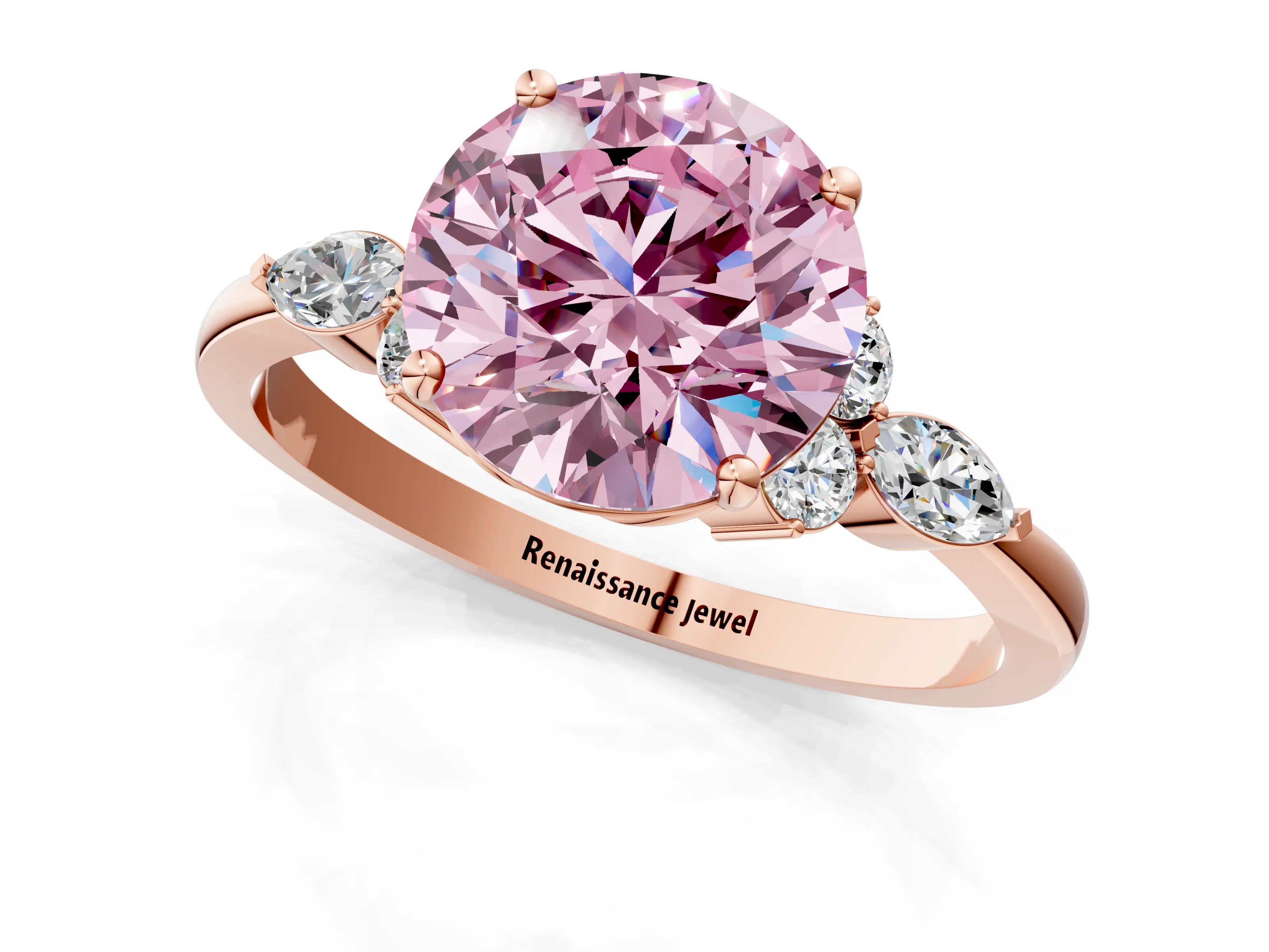 Rose gold Fancy Pink Round Cut Brilliant Diamond Solitaire Ring with Pear Side Stones and Four-Prong Setting_4