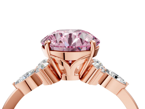 Rose gold Fancy Pink Round Cut Brilliant Diamond Solitaire Ring with Pear Side Stones and Four-Prong Setting_7