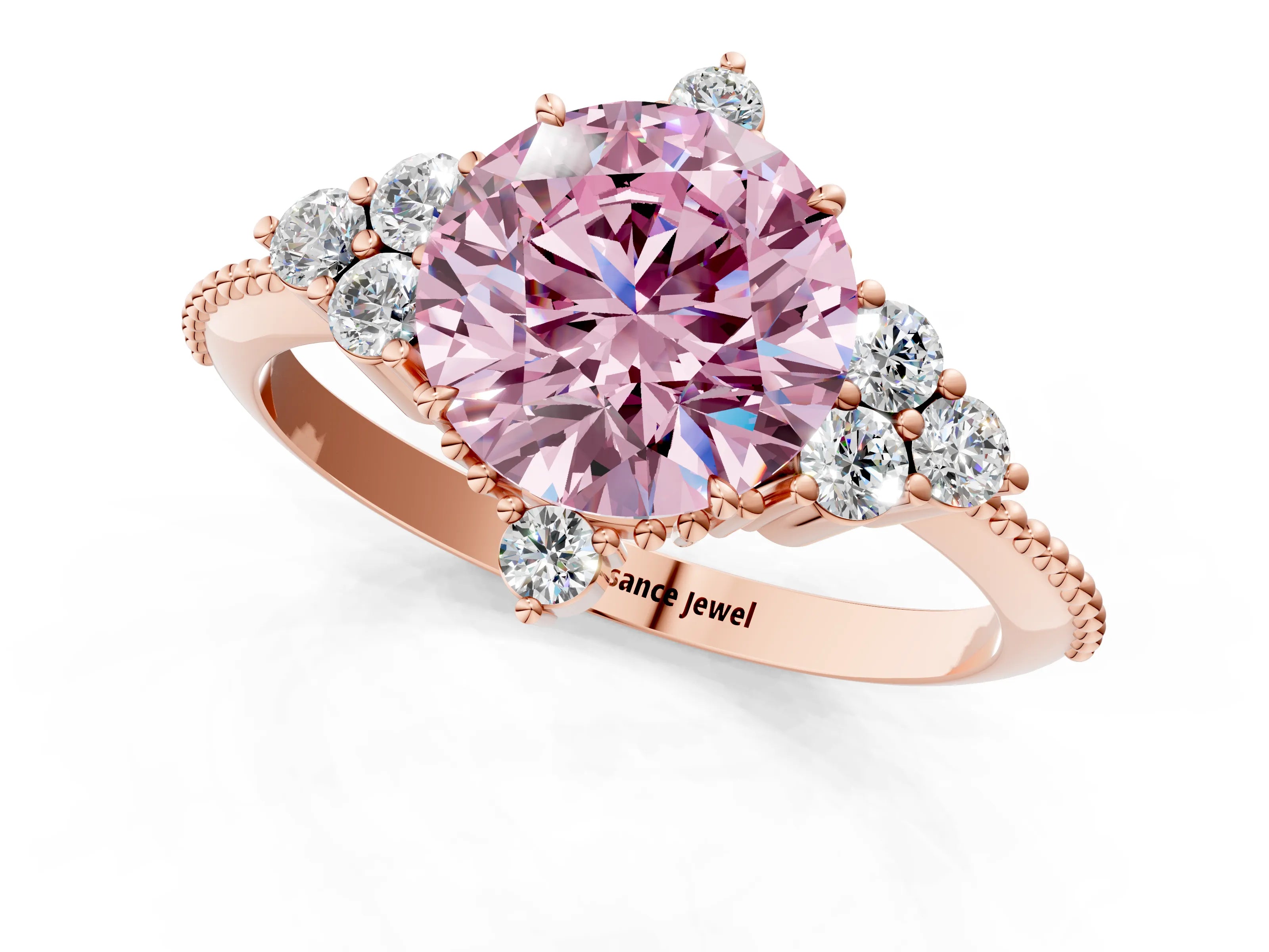 Rose gold Fancy Pink Round Cut Brilliant Diamond with Cluster Setting on a Beaded Band and Four-Prong Setting_1