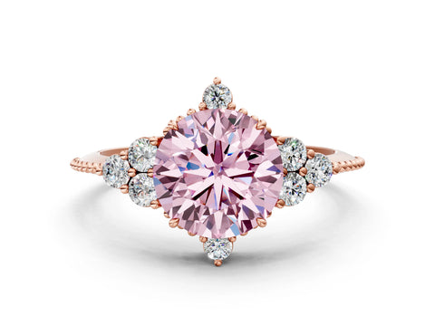 Rose gold Fancy Pink Round Cut Brilliant Diamond with Cluster Setting on a Beaded Band and Four-Prong Setting
