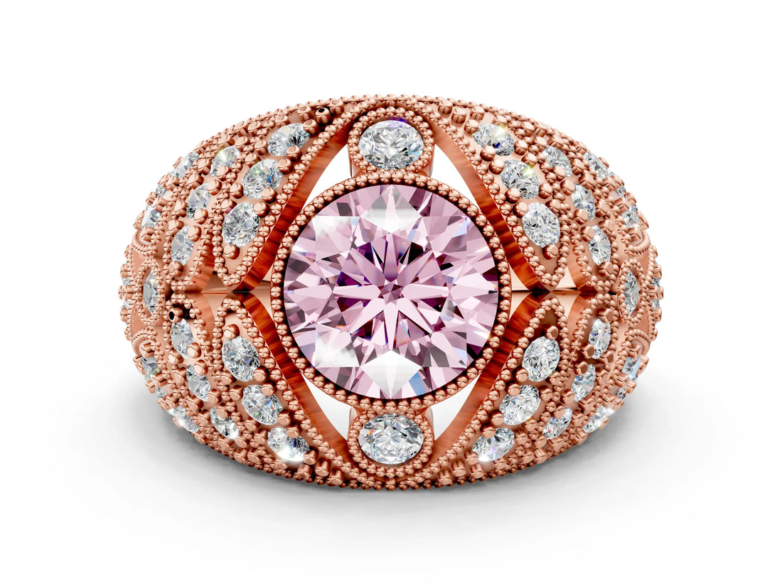 Rose gold Fancy Pink Round Cut Brilliant Halo Pave Diamond Milgrain Ring