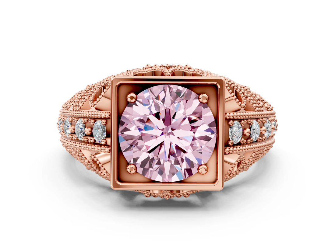 Rose gold Fancy Pink Round Cut Brilliant Milgrain Filigree Diamond Ring with Square Prong Setting