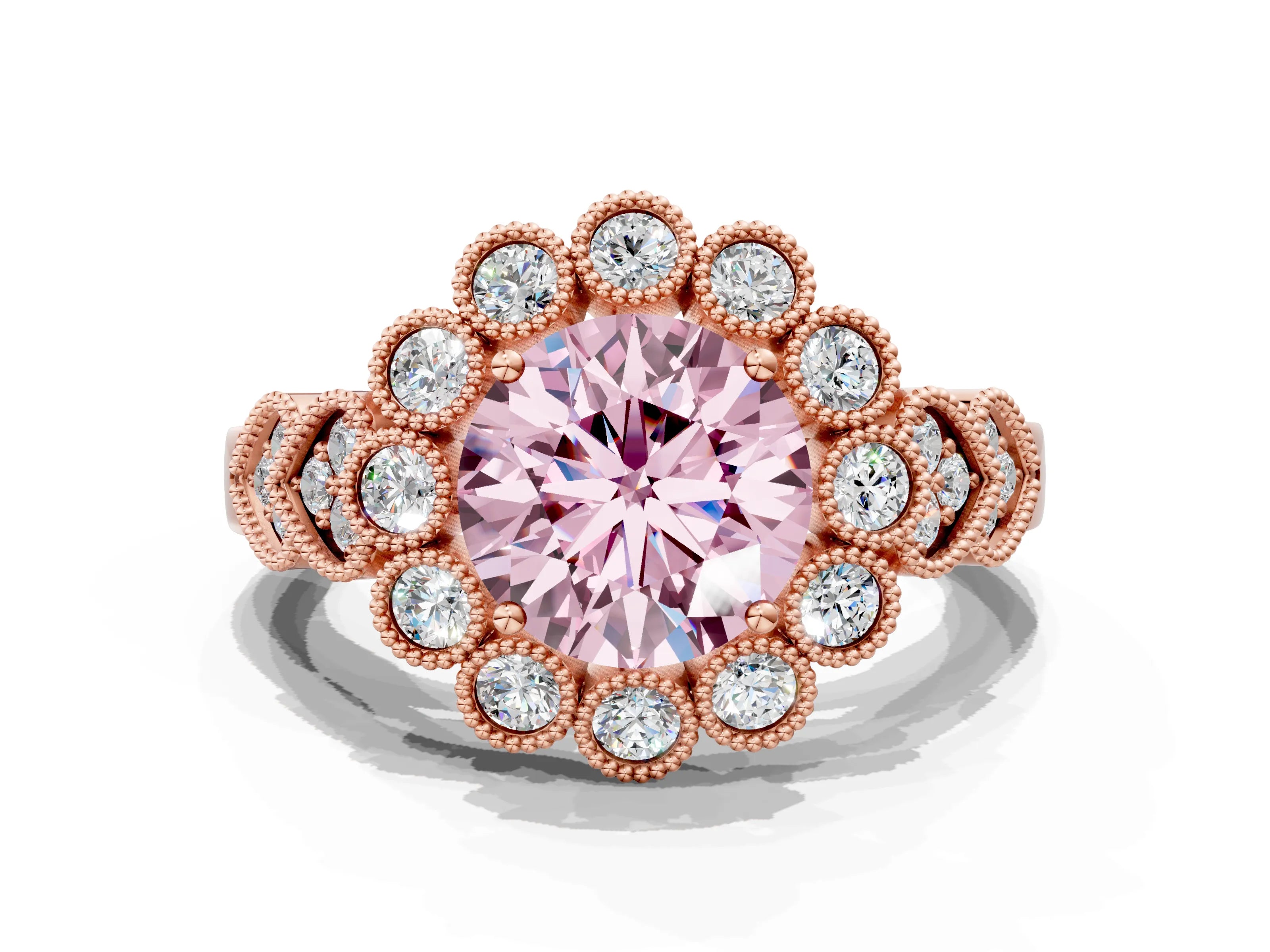 Rose gold Fancy Pink Round Cut Brilliant Milgrain Pave Heart Band Solitaire Ring