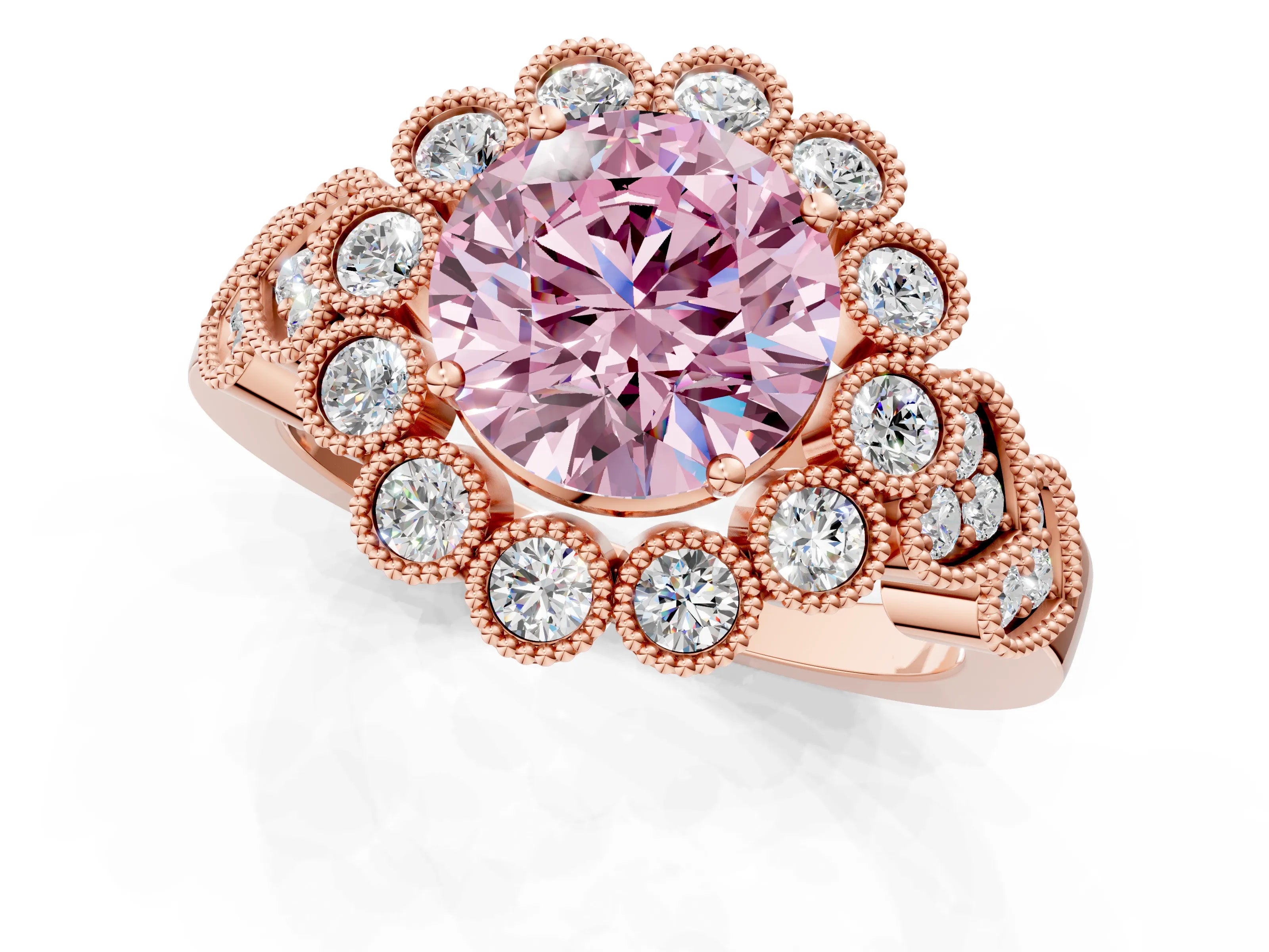 Rose gold Fancy Pink Round Cut Brilliant Milgrain Pave Heart Band Solitaire Ring_1