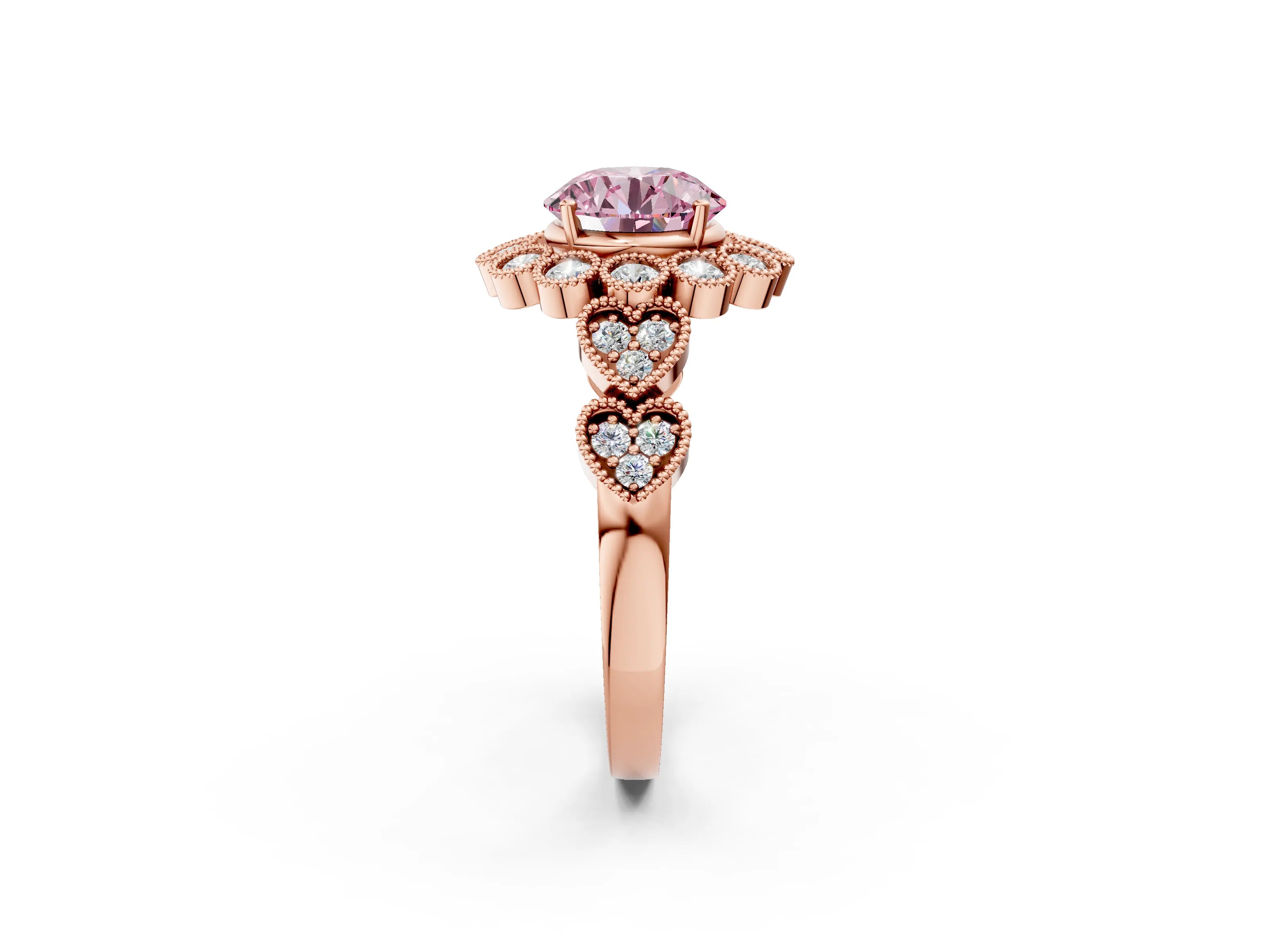 Rose gold Fancy Pink Round Cut Brilliant Milgrain Pave Heart Band Solitaire Ring_2
