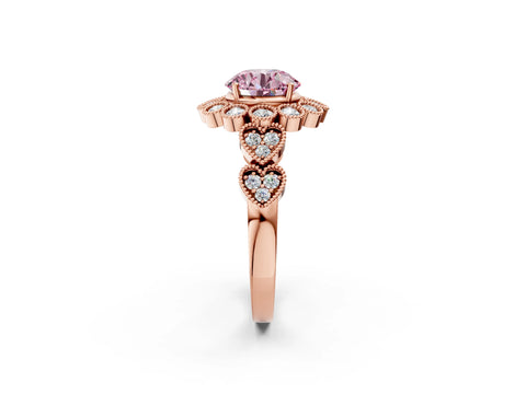 Rose gold Fancy Pink Round Cut Brilliant Milgrain Pave Heart Band Solitaire Ring_2