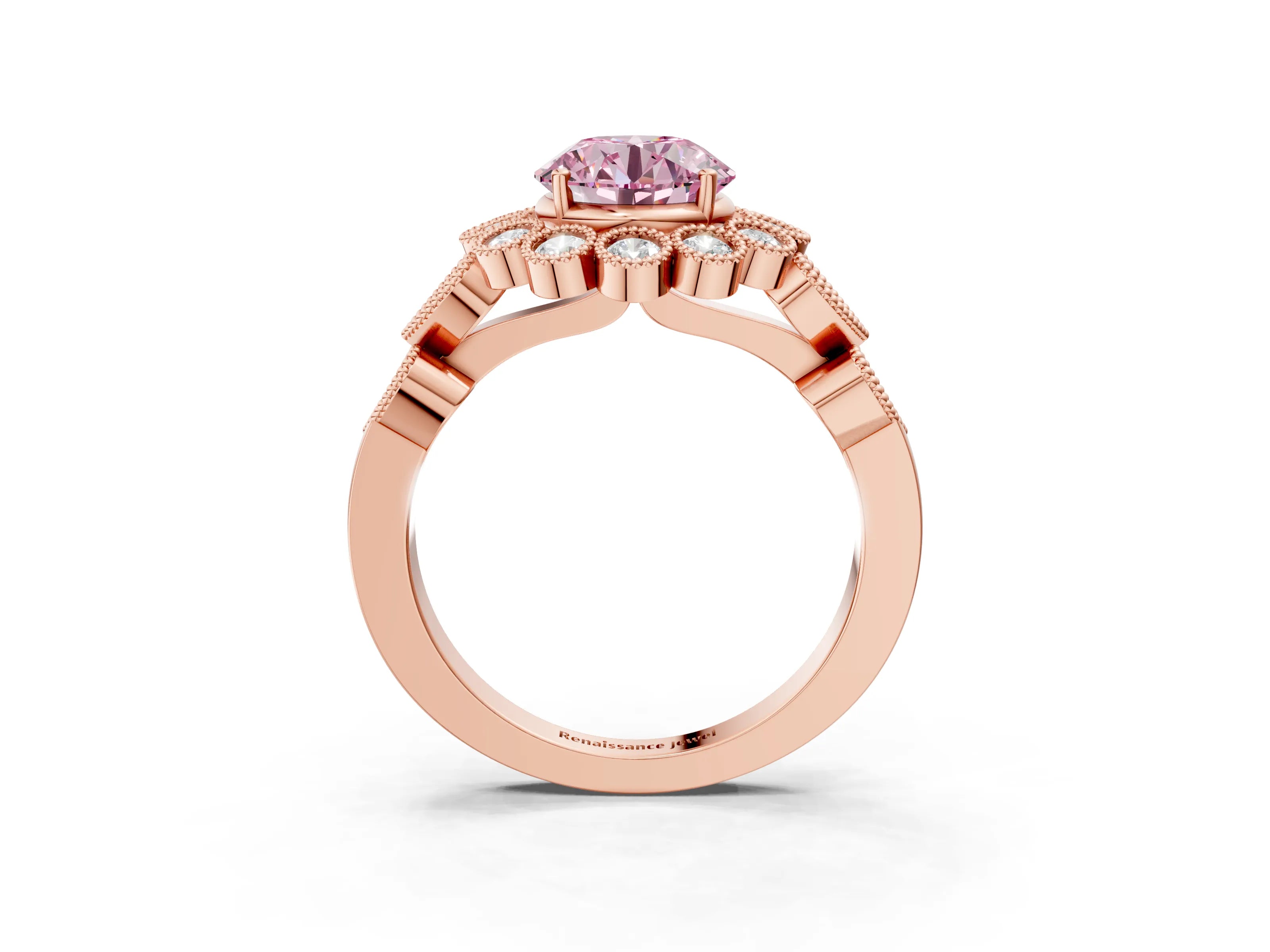 Rose gold Fancy Pink Round Cut Brilliant Milgrain Pave Heart Band Solitaire Ring_3