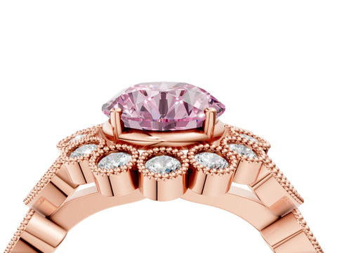 Rose gold Fancy Pink Round Cut Brilliant Milgrain Pave Heart Band Solitaire Ring_4