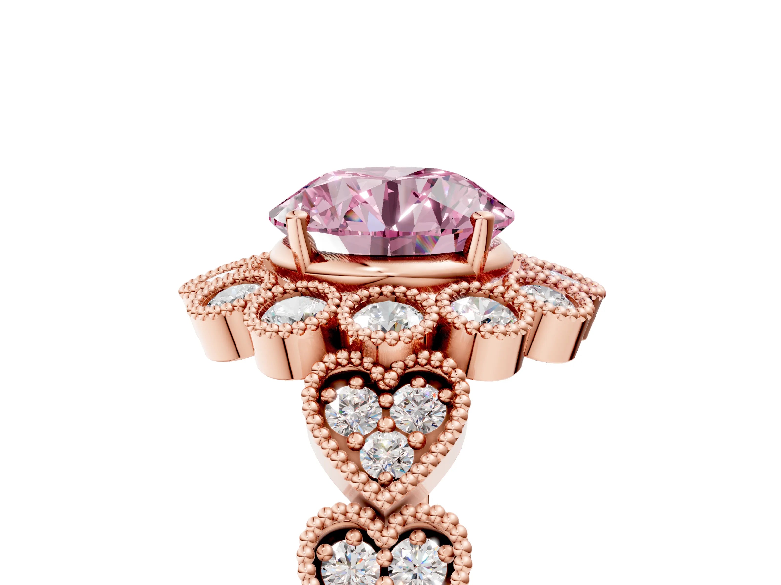 Rose gold Fancy Pink Round Cut Brilliant Milgrain Pave Heart Band Solitaire Ring_5