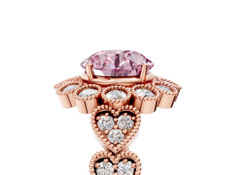 Rose gold Fancy Pink Round Cut Brilliant Milgrain Pave Heart Band Solitaire Ring_5