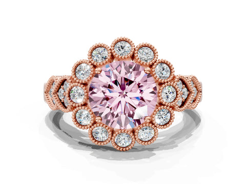 Rose gold Fancy Pink Round Cut Brilliant Milgrain Pave Heart Band Solitaire Ring