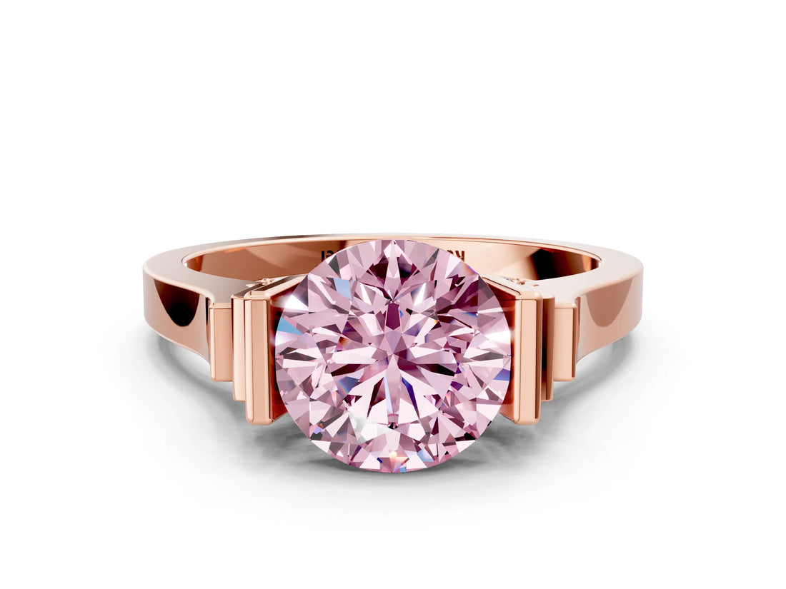Rose gold Fancy Pink Round Cut Brilliant Solitaire Diamond Ring with Channel Set Band and Bar Prong Setting
