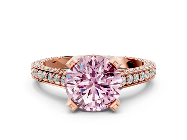 Rose gold Fancy Pink Round Cut Brilliant Split Shank Pave Solitaire Ring with Four-Prong Setting