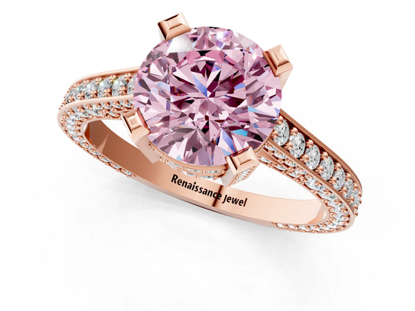 Rose gold Fancy Pink Round Cut Brilliant Split Shank Pave Solitaire Ring with Four-Prong Setting