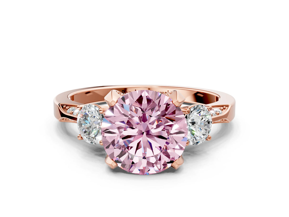 Rose gold Fancy Pink Round Cut Brilliant Three-Stone Diamond Ring with Pavé Band and Four-Prong Setting_3