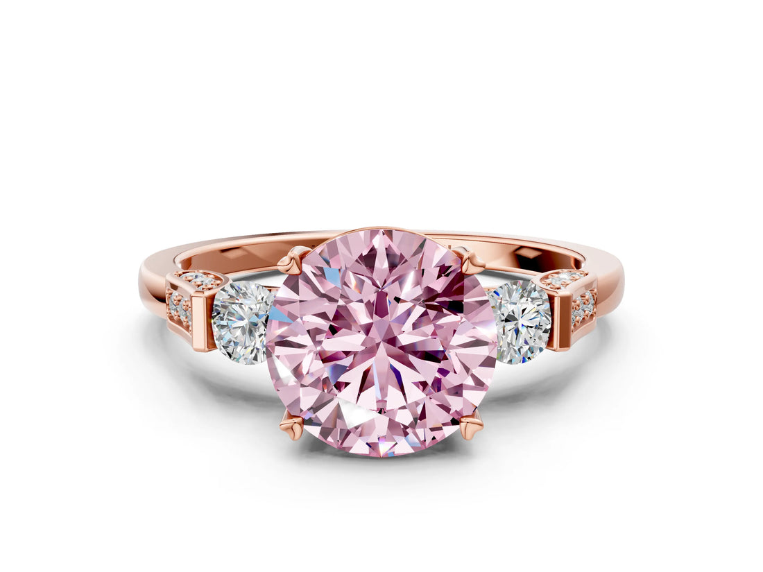 Rose gold Fancy Pink Round Cut Brilliant Three-Stone Pave Band with Four-Prong Setting