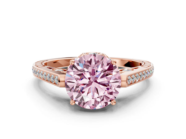 Rose gold Fancy Pink Round  Cut Cathedral Pave Diamond Engagement Ring with Six-Prong Setting
