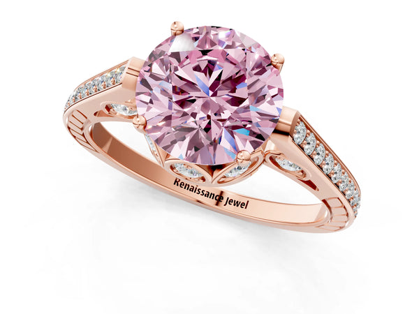 Rose gold Fancy Pink Round  Cut Cathedral Pave Diamond Engagement Ring with Six-Prong Setting
