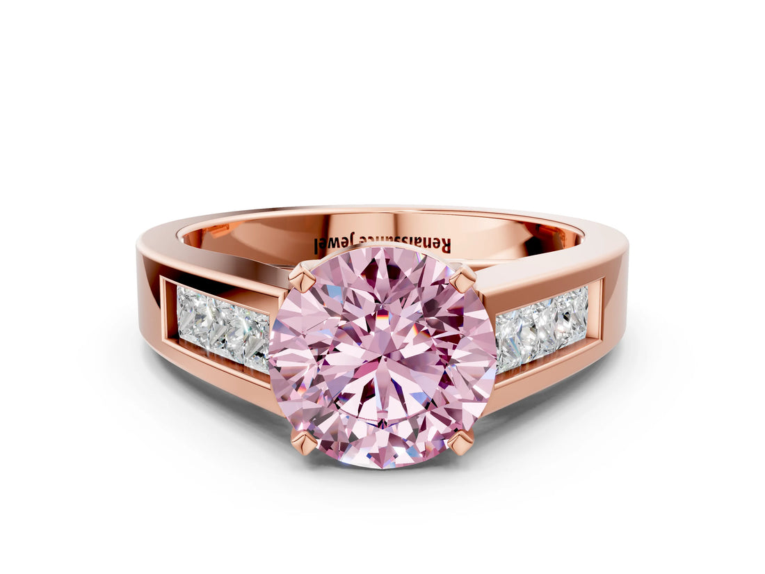 Rose gold Fancy Pink Round Cut Cut Channel Set Solitaire Ring with Four-Prong Setting