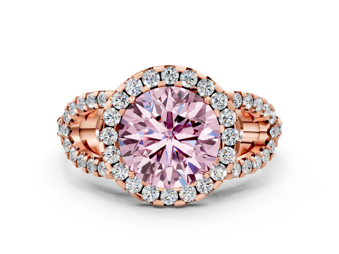 Rose gold Fancy Pink Round Cut Cut Diamond Halo Engagement Ring with Open Split Pavé Band