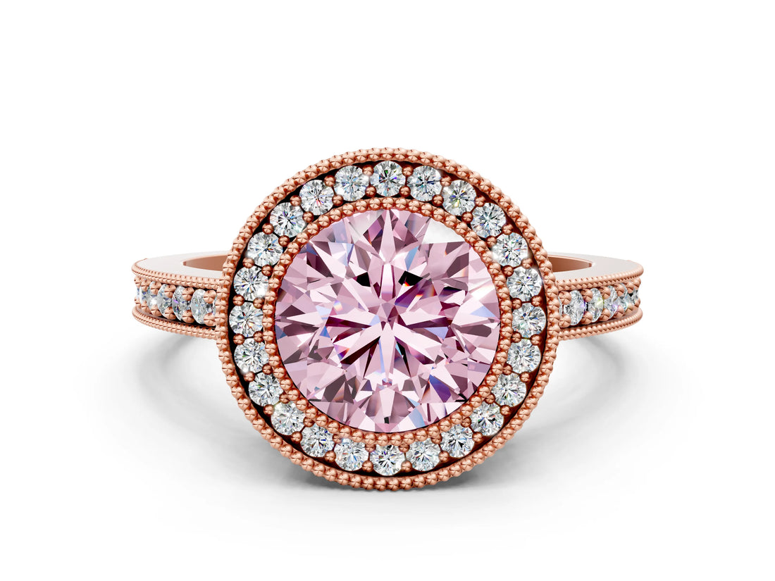 Rose gold Fancy Pink Round Cut-Cut Diamond Halo Engagement Ring with Pave Band and Prong Setting