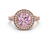 Rose gold Fancy Pink Round Cut-Cut Diamond Halo Engagement Ring with Pave Band and Prong Setting