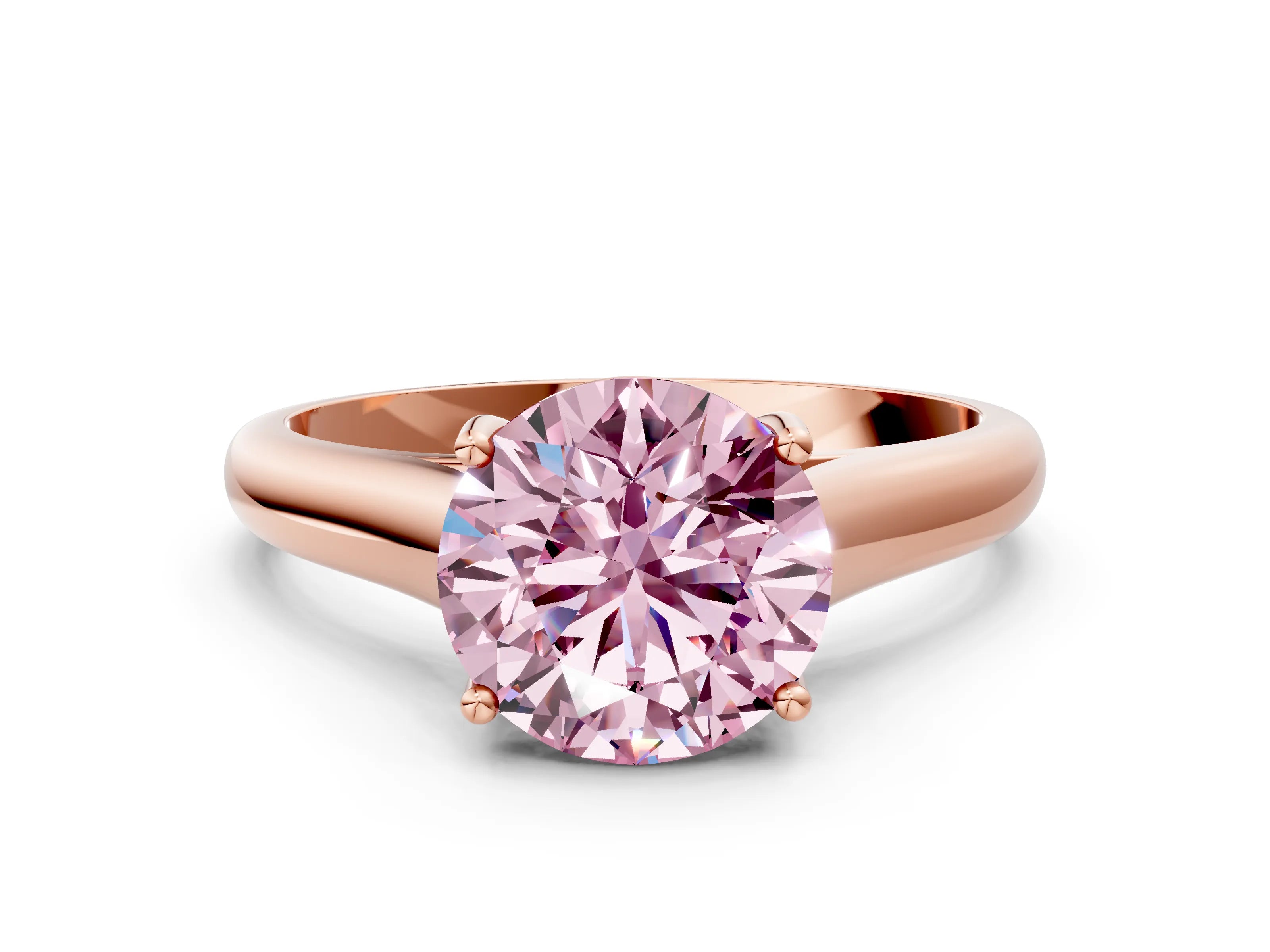 Rose gold Fancy Pink Round Cut Cut Diamond Solitaire Engagement Ring with Tapered Plain Band and Four-Prong Setting