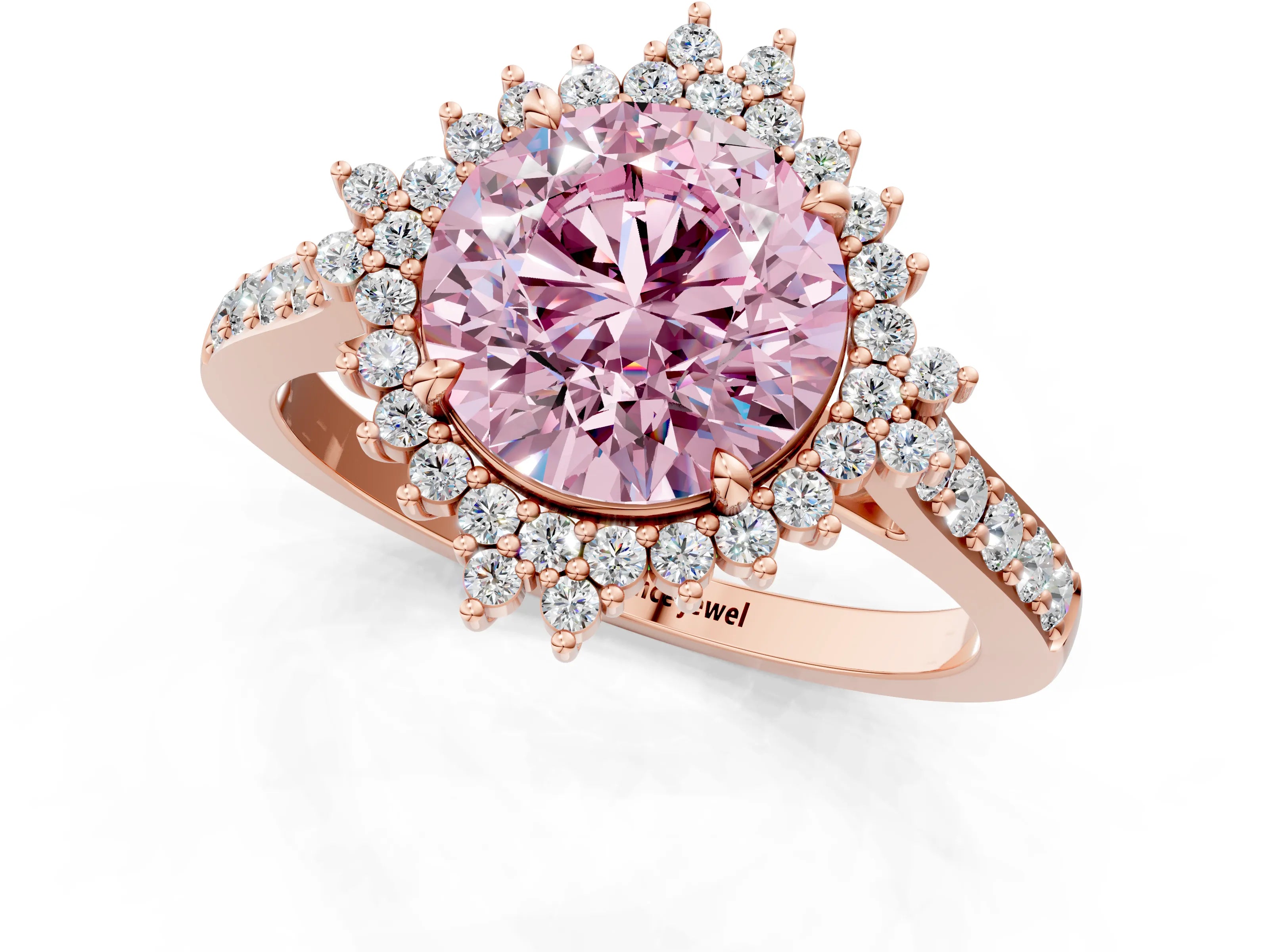 Rose gold Fancy Pink Round Cut Cut Diamond Sunburst Halo Engagement Ring with Pavé Band_1